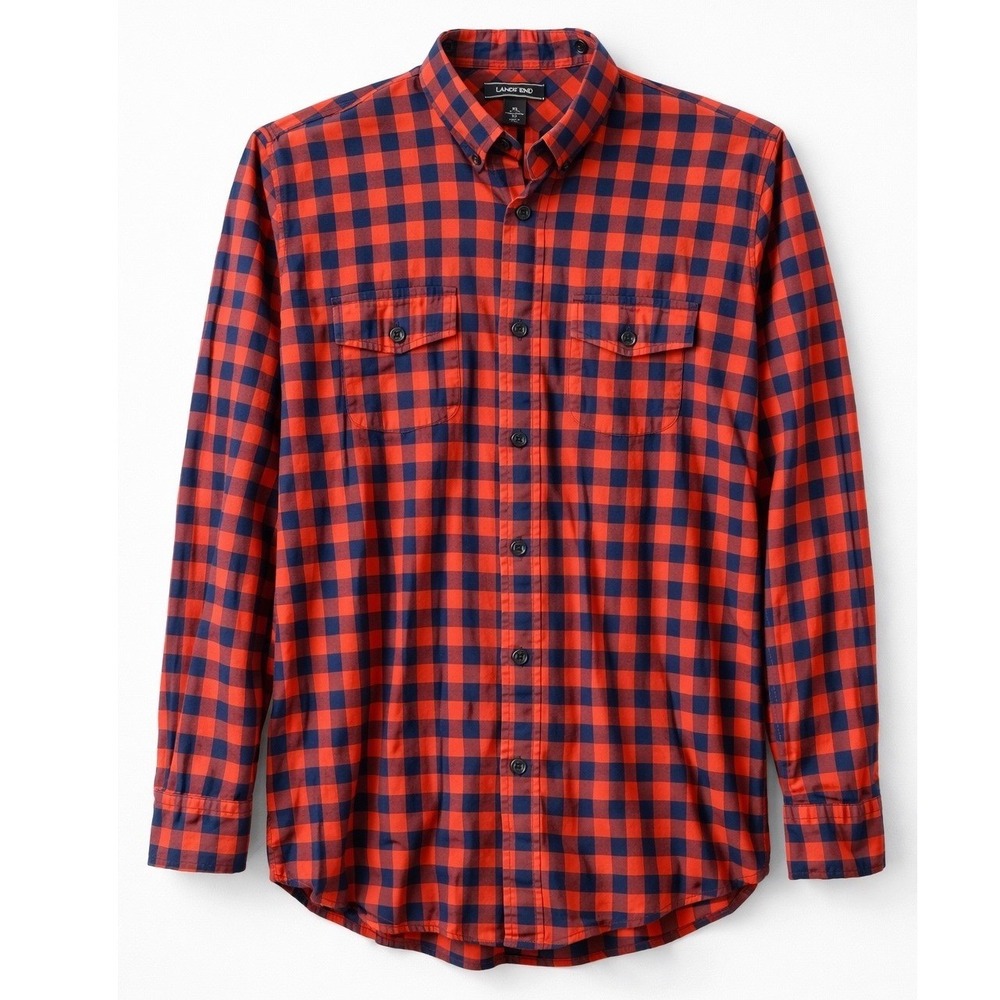 Lands End Mens XL Traditional Fit Buffalo Check Flannel Shirt Orange Navy Blue‎